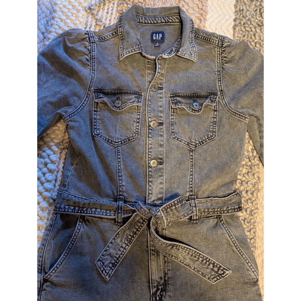 Gap Womens Denim Long Sleeve Tie Waist Jumpsuit Gray Puff Shoulder Size 6 - Picture 5 of 13